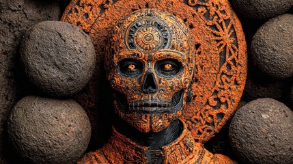 Close-up of a skull with intricate patterns, against a stone circle and round stones