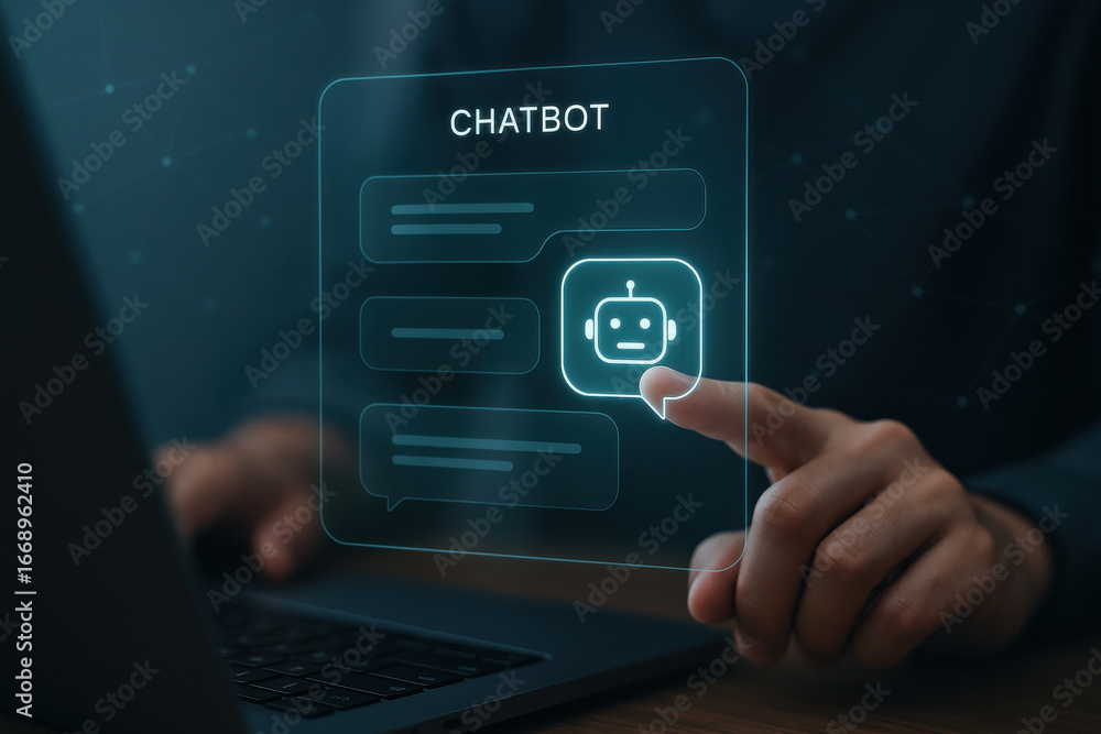 Poster chatbot interface with digital robot icon and human finger interacting on laptop screen