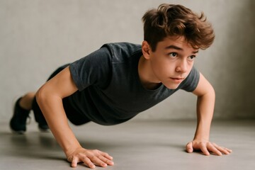 Determined teenager performing push ups, focusing on maintaining proper form and building strength during workout