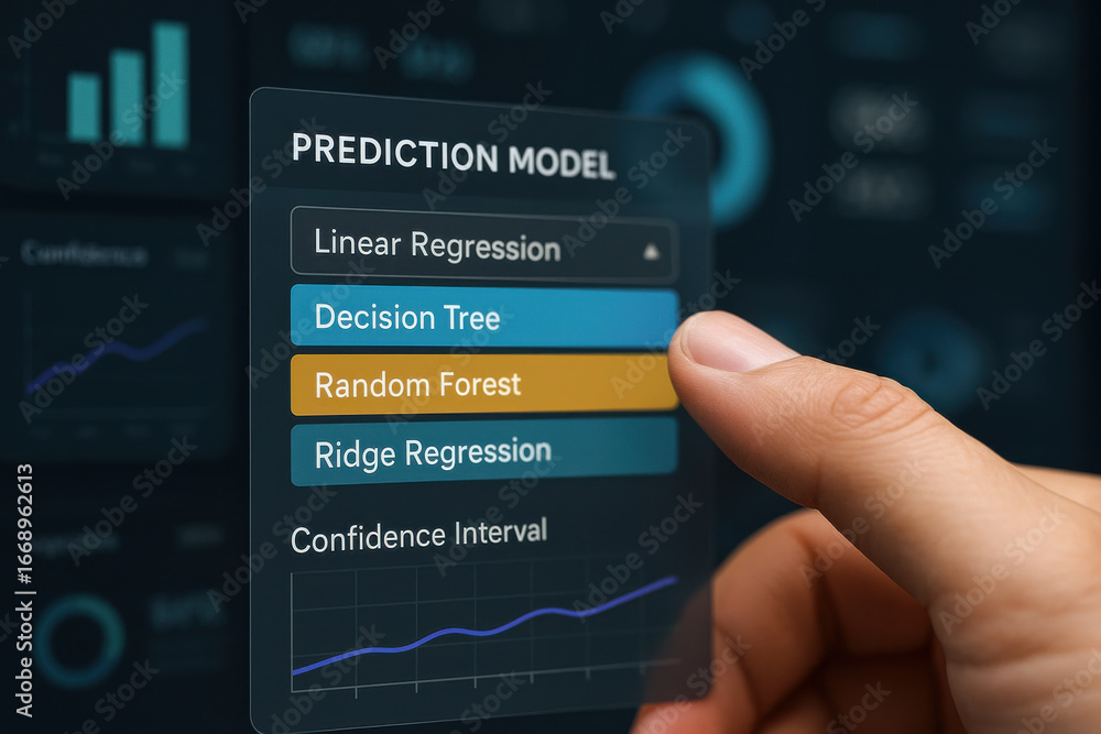 Poster prediction model selection with finger pointing on random forest option on digital screen