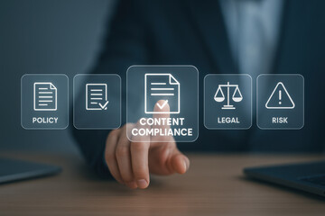 Content compliance concept with policy, legal, and risk icons on virtual screen