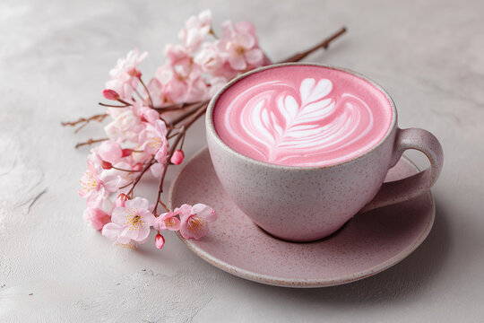 Sakura latte with pink foam art in ceramic cup, elegant neutral background