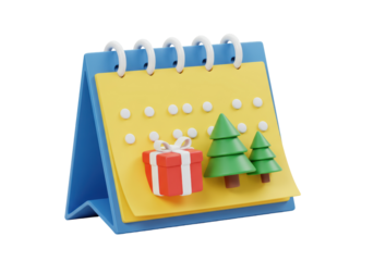 Isolated 3D Render of a Blue and Yellow Desk Calendar Depicting a Christmas Gift and Christmas Trees on a White Background