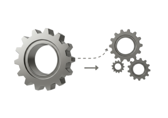 Isolated illustration depicting a gear reduction mechanism, showcasing a single large gear transforming into a system of multiple smaller gears, set against a clean white background