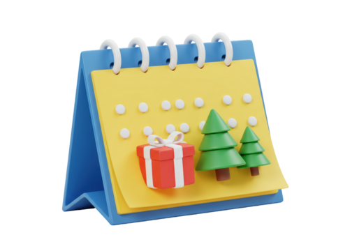 Isolated 3D Render of a Blue and Yellow Desk Calendar Depicting a Christmas Gift and Christmas Trees on a White Background