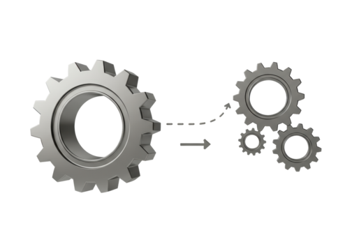 Isolated illustration depicting a gear reduction mechanism, showcasing a single large gear transforming into a system of multiple smaller gears, set against a clean white background