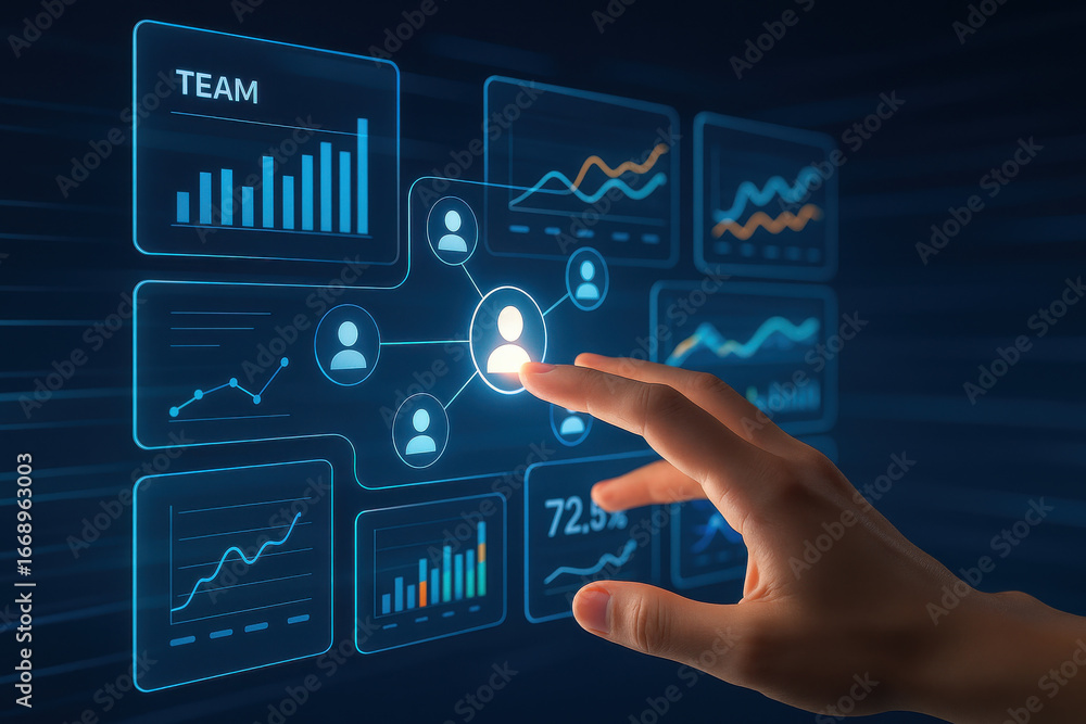 Poster hand interacting with digital interface showing team network and data charts