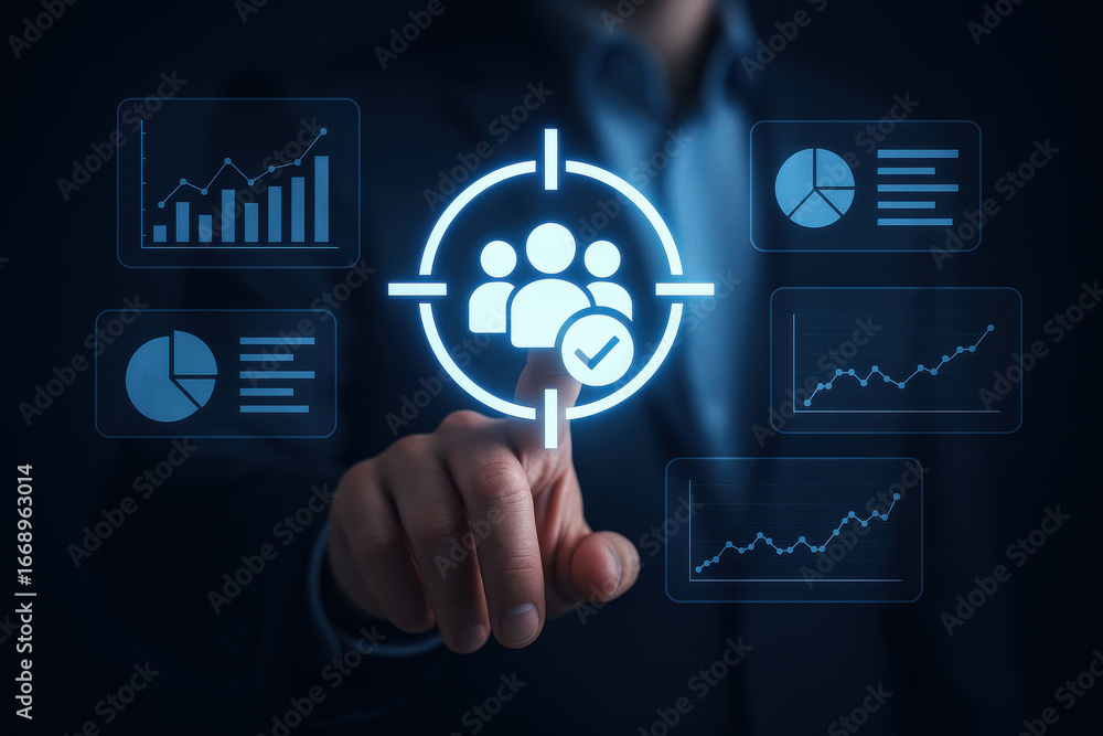 Poster targeting audience with data analysis and business growth concept on virtual screen
