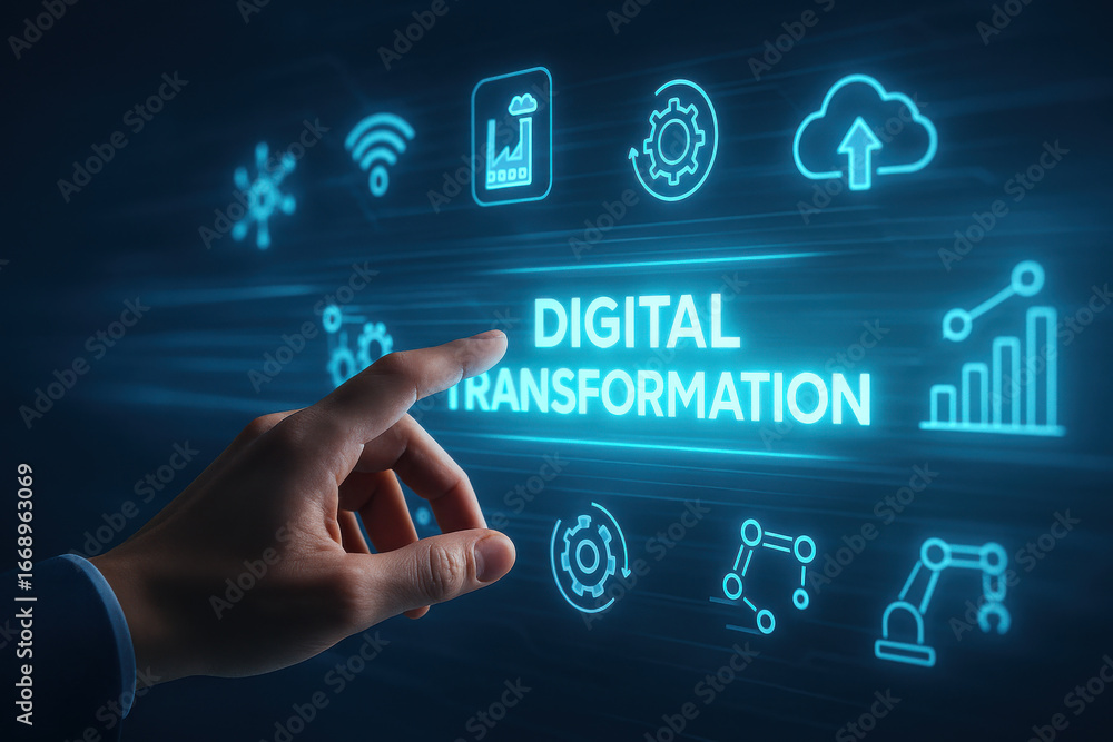 Poster digital transformation concept with hand pointing at glowing futuristic interface icons