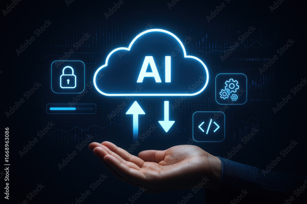 Poster artificial intelligence cloud computing concept with hand and digital icons