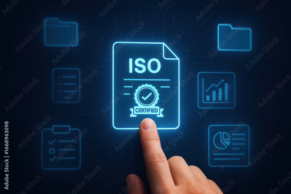 Poster iso certification document icon with finger pointing on digital interface