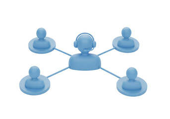 Isolated 3D Illustration of a Customer Service Representative Hub Connected to Four Clients, Representing Communication, Support, and Networking on White Background
