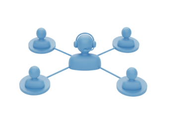 Isolated 3D Illustration of a Customer Service Representative Hub Connected to Four Clients, Representing Communication, Support, and Networking on White Background