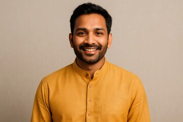 Obraz premium Portrait of a cheerful Indian man wearing a traditional kurta, expressing happiness and confidence