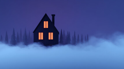 A dark silhouette of a house emerges from a foggy landscape, illuminated by warm light from its windows against a twilight sky.