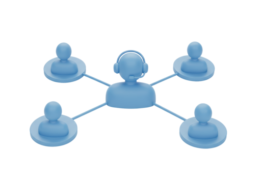 Isolated 3D Illustration of a Customer Service Representative Hub Connected to Four Clients, Representing Communication, Support, and Networking on White Background