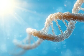 Abstract DNA helix under sunlight with sparkling blue background