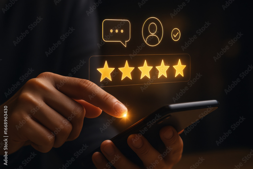 Poster five star rating with hand touching smartphone screen glowing in dark