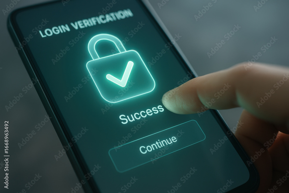 Poster login verification success on smartphone screen with finger about to tap continue button