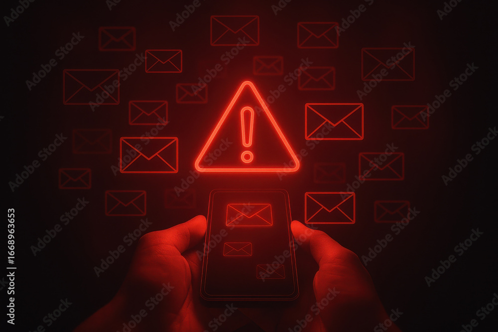 Poster red alert symbol with exclamation mark and email icons over smartphone in dark background