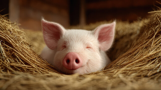 A content piglet peacefully napping in a cozy bed of hay, exuding charm and tranquility in a rustic farm setting.