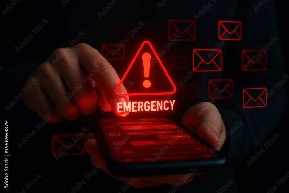 Poster emergency alert notification on smartphone screen with glowing red icons and hand interaction