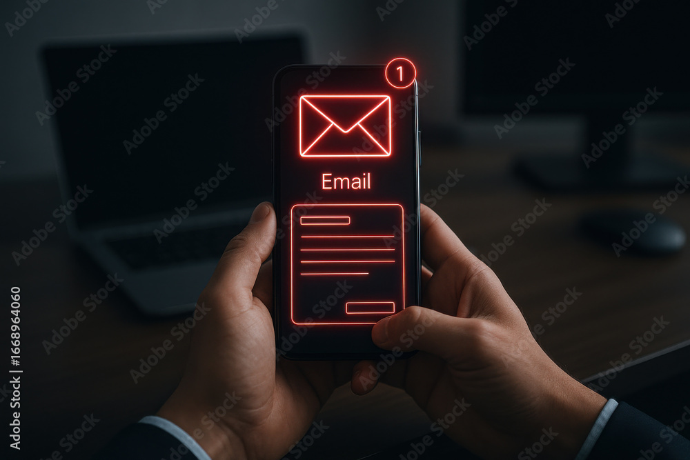 Poster email notification on smartphone screen held by person in office setting