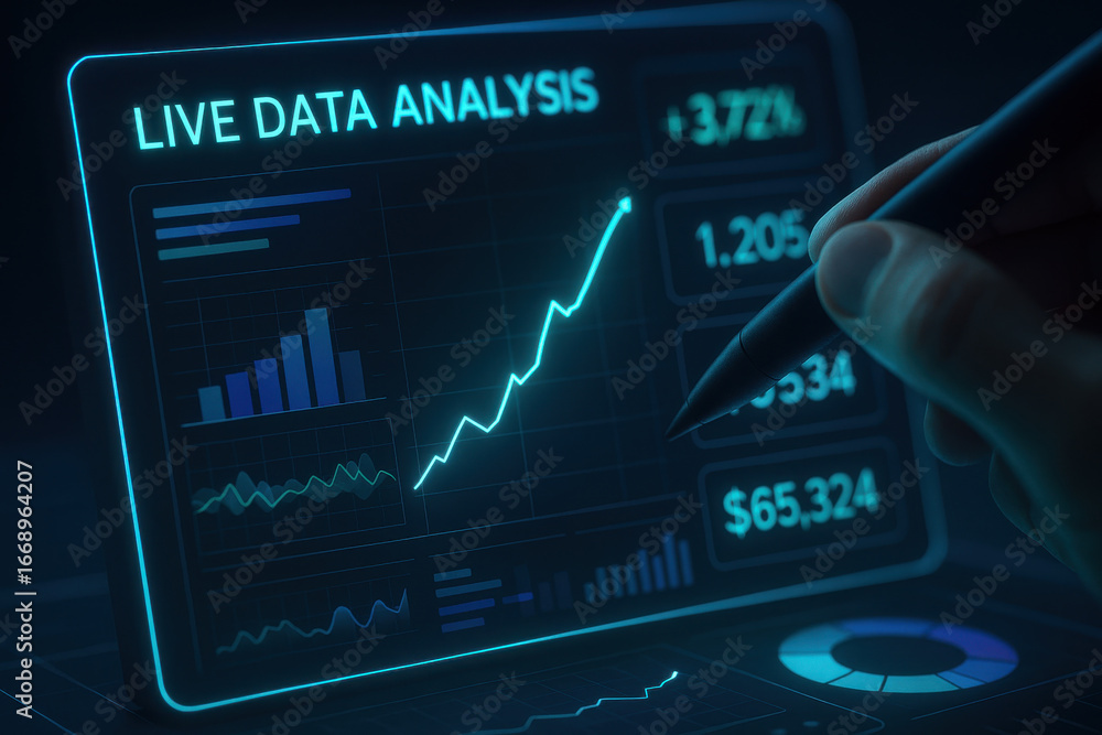 Poster live data analysis on digital screen with hand holding stylus showing growth chart