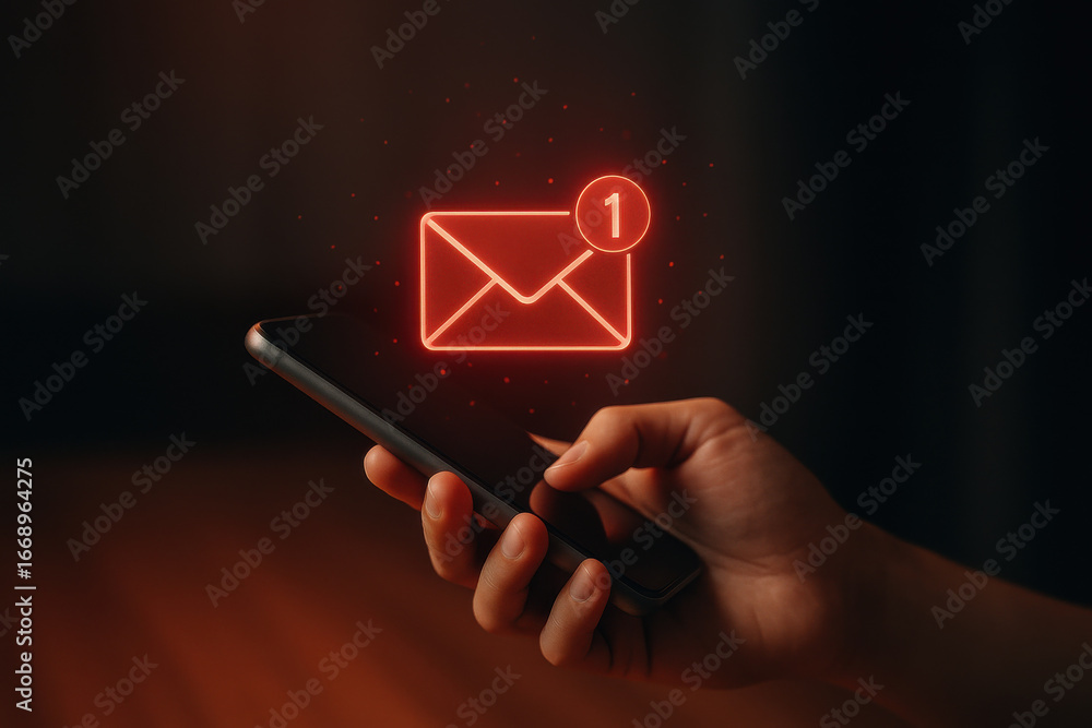 Poster new message notification glowing above smartphone held in hand in dark setting