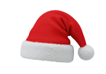 Isolated festive Santa Claus hat with a fluffy white brim and pompom, set against a clean white backdrop, creating a timeless and versatile image for Christmas celebrations and holiday greetings