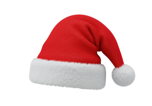 Isolated festive Santa Claus hat with a fluffy white brim and pompom, set against a clean white backdrop, creating a timeless and versatile image for Christmas celebrations and holiday greetings