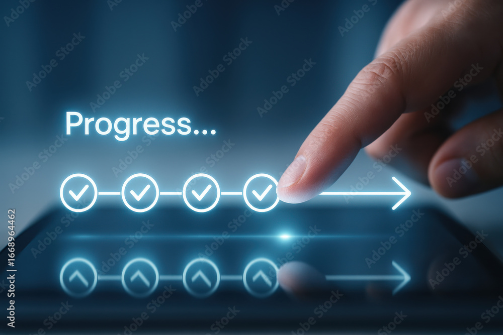 Poster progress concept with finger touching digital screen and check marks on tablet