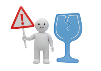 Isolated Warning Sign of Fragile Goods with 3D Character, Emphasizing the Need for Careful Handling