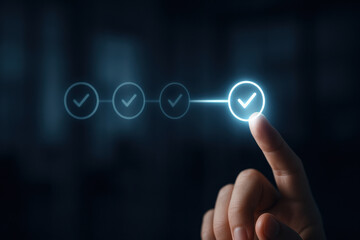 Finger touching digital checkmark icon, progress completion concept, success confirmation