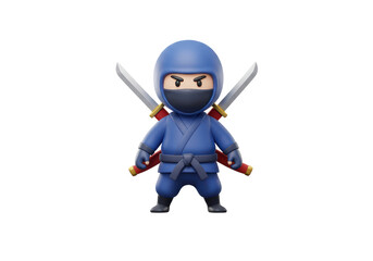 Isolated 3D Render of a Playful Ninja Character with Crossed Swords on a White Background, Representing Stealth and Martial Arts Prowess
