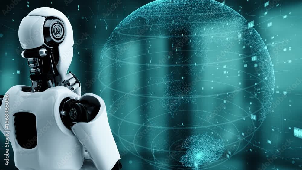 Poster futuristic robot artificial intelligence huminoid ai data analytic technology development and machin