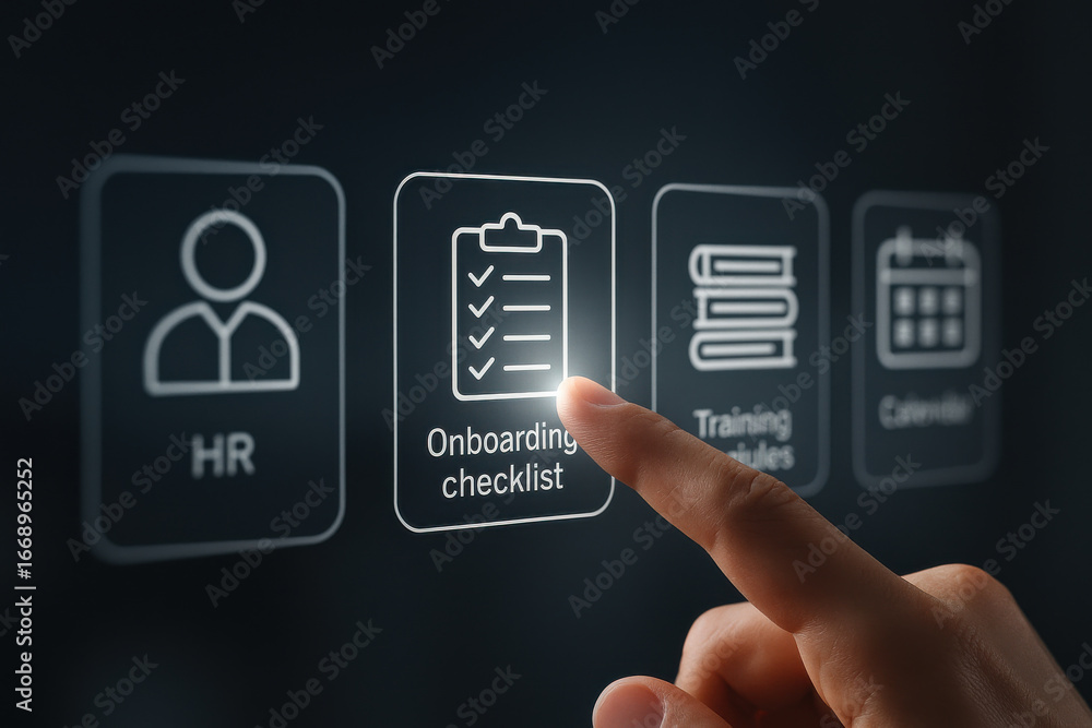 Poster onboarding checklist selection on virtual screen with finger pointing and glowing icon