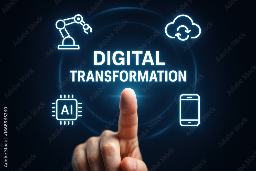 Poster digital transformation concept with finger pointing on futuristic technology icons and ai chip