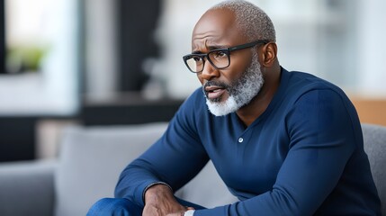 Thoughtful Senior Black Man Sitting Indoors, Pensive Expression