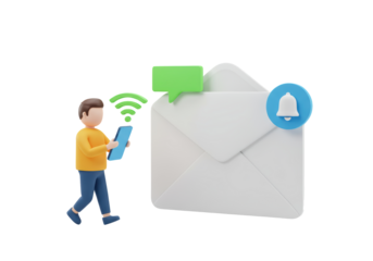 Isolated 3D Illustration of a Man Walking with a Smartphone Receiving a New Message or Notification from Email on a Large Envelope with Bell and Speech Bubble Notification