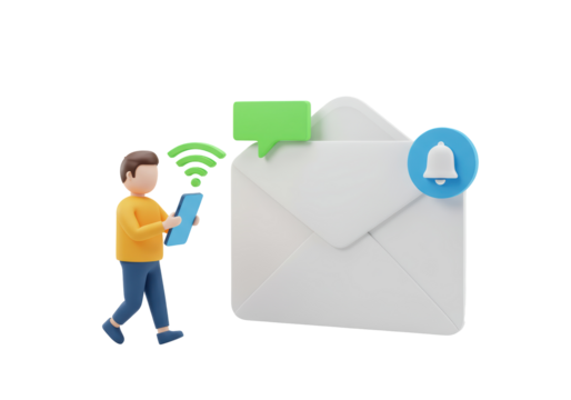 Isolated 3D Illustration of a Man Walking with a Smartphone Receiving a New Message or Notification from Email on a Large Envelope with Bell and Speech Bubble Notification
