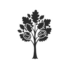 Black and white walnut tree silhouette with leaves and walnuts