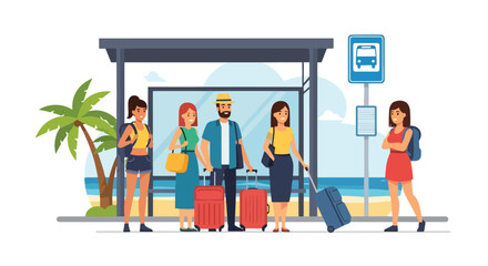 Adobe Illustrator Artwork Vector illustration of travelers with luggage waiting at a bus stop near the beach, representing vacation travel, summer holidays, group tourism, and coastal transportation