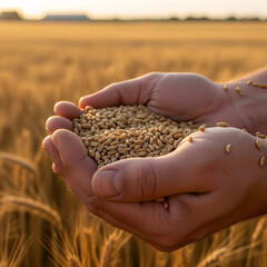 a person's cupped hands holding a handful of ripe wheat grains, positioned in a golden, sunlit field ready for harvest