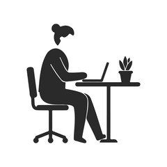Silhouette of female working on laptop at desk with plant