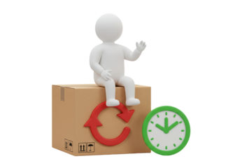 Isolated 3D Rendering of a Humanoid Figure Sitting on a Cardboard Box with a Red Recycling Arrow and a Green Clock