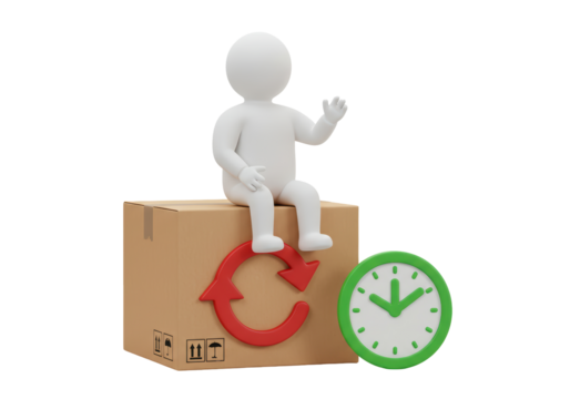 Isolated 3D Rendering of a Humanoid Figure Sitting on a Cardboard Box with a Red Recycling Arrow and a Green Clock
