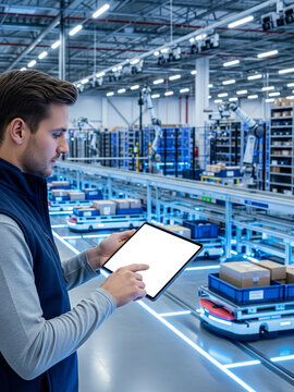 a male warehouse worker wearing a blue vest, holding and looking at a tablet with a blank screen while automated robots and conveyor belts operate in a large, futuristic industrial warehouse