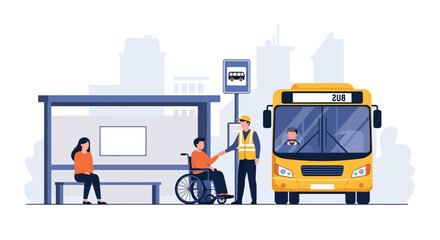 Vector illustration of a transport worker assisting a man in a wheelchair at a bus stop with accessibility signs, promoting inclusive urban transportation and community support