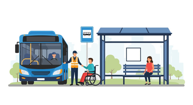 Vector illustration of a transport worker assisting a man in a wheelchair at a bus stop with accessibility signs, promoting inclusive urban transportation and community support